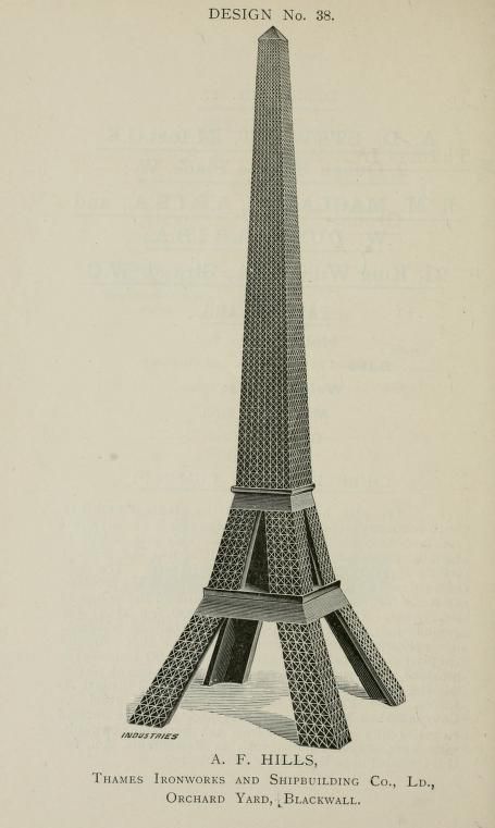 Vintage illustration of a lattice-work tower design labeled 'DESIGN No. 38' by A. F. Hills, Thames Ironworks and Shipbuilding Co.
