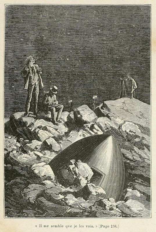 Vintage illustration of a crashed metallic object in a crater, observed by several people.
