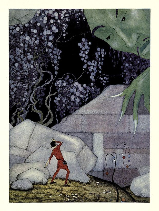 A fantastical illustration of a small person facing a large, green monster in a cave filled with strange plants and rock formations.