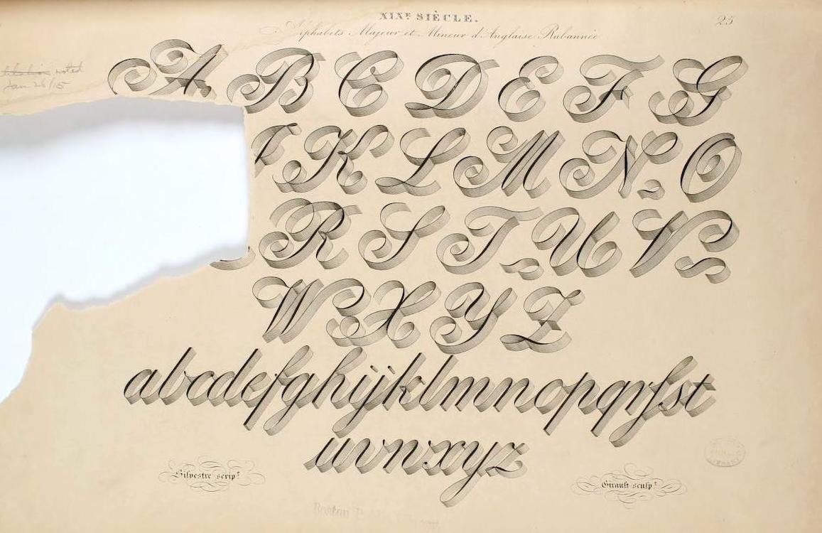 A vintage page displaying a decorative alphabet in both uppercase and lowercase letters, rendered in a highly ornate, calligraphic style.
