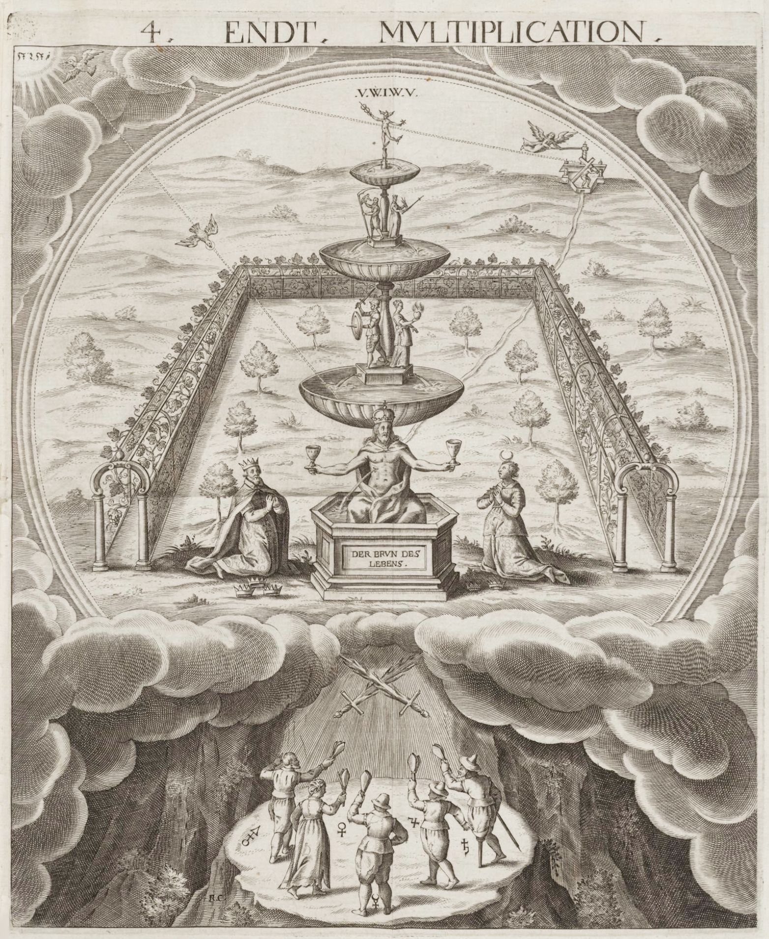 A detailed black and white engraving depicting a complex allegorical scene titled '4. ENDT. MVLTIPLICATION.' featuring a multi-tiered fountain, figures, clouds, and a triangular platform.