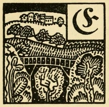 Black and white woodcut illustration of a stone bridge with trees and a town in the background, featuring a crescent moon and 'S' symbol.