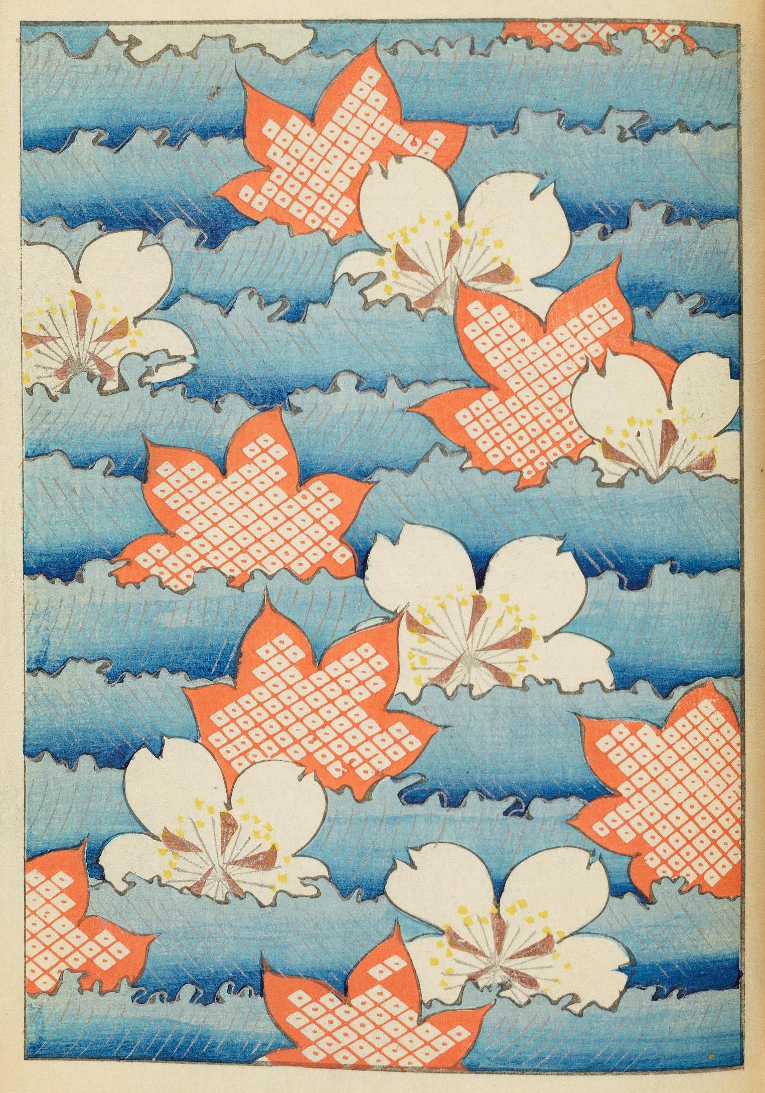 Vintage Japanese woodblock print of white flowers with orange-red geometric centers against a textured blue background.