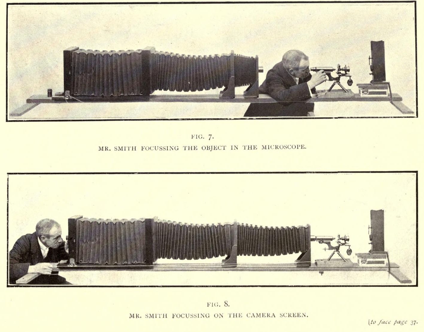 Two black and white photographs showing Mr. Smith focusing on a microscope and camera setup.