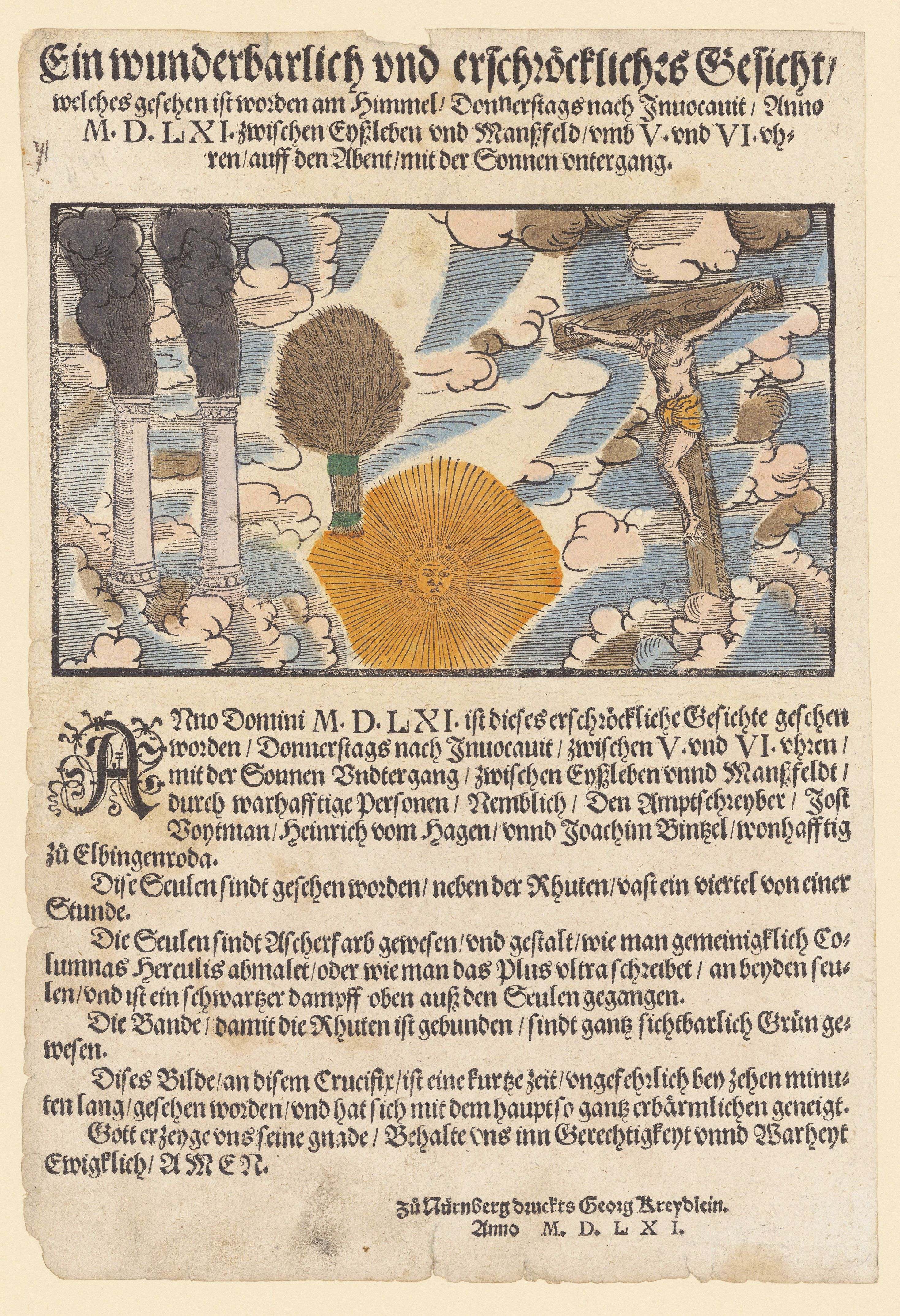 Vintage black and white print depicting a celestial event over a town with people observing it, with text in old German script.