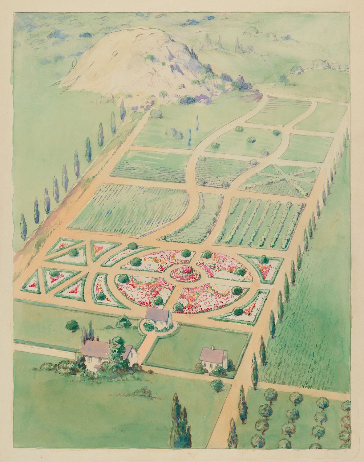 Vintage aerial view illustration of a formal garden with circular and rectangular flower beds, paths, and two small houses, set against a gentle hill.