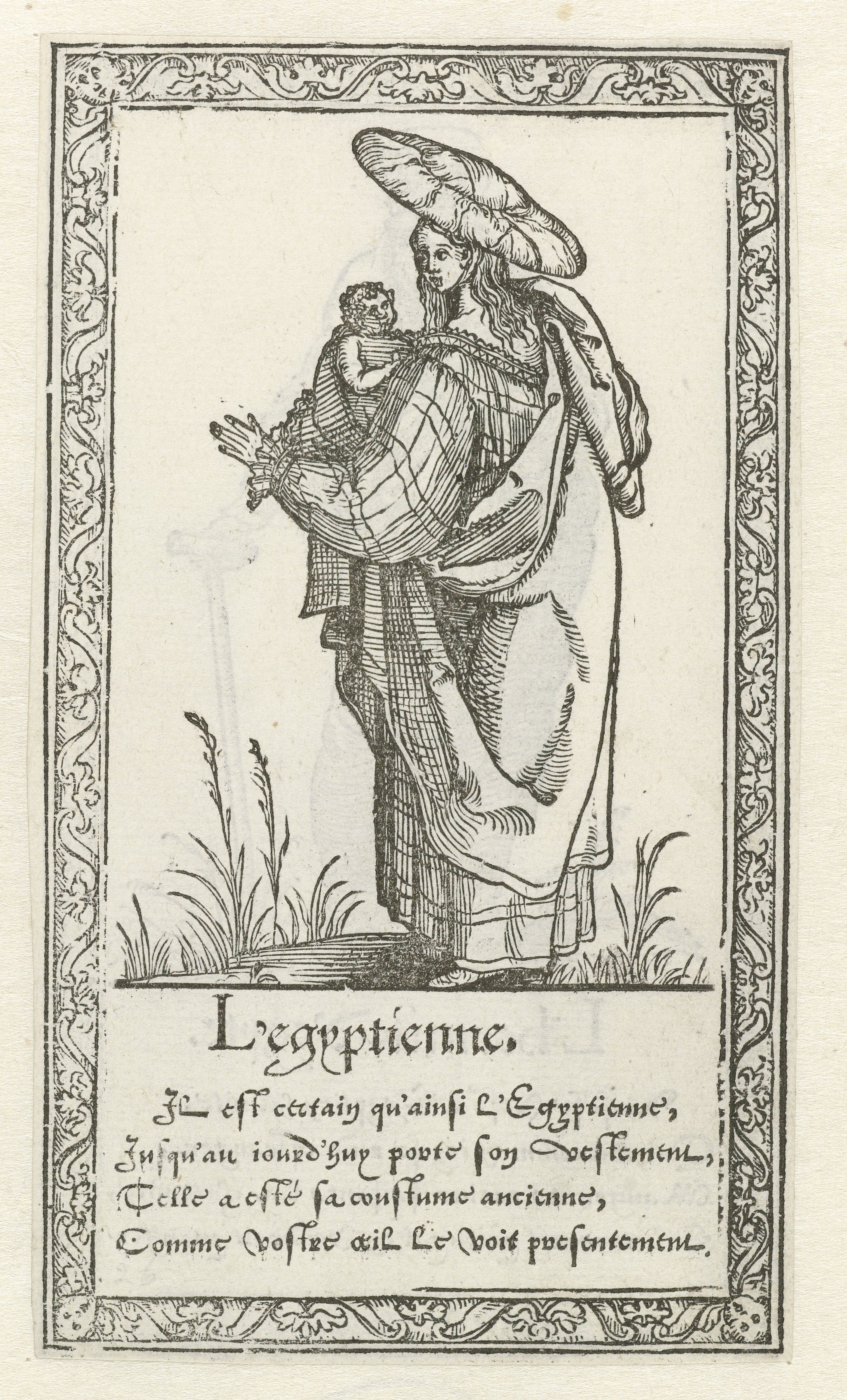 A black and white woodcut illustration of a woman in historical clothing, standing in a field of grass, framed by a decorative border with text below.