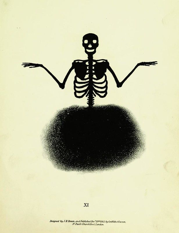 Vintage illustration of a black skeleton with outstretched arms standing above a dark spot on a cream background.