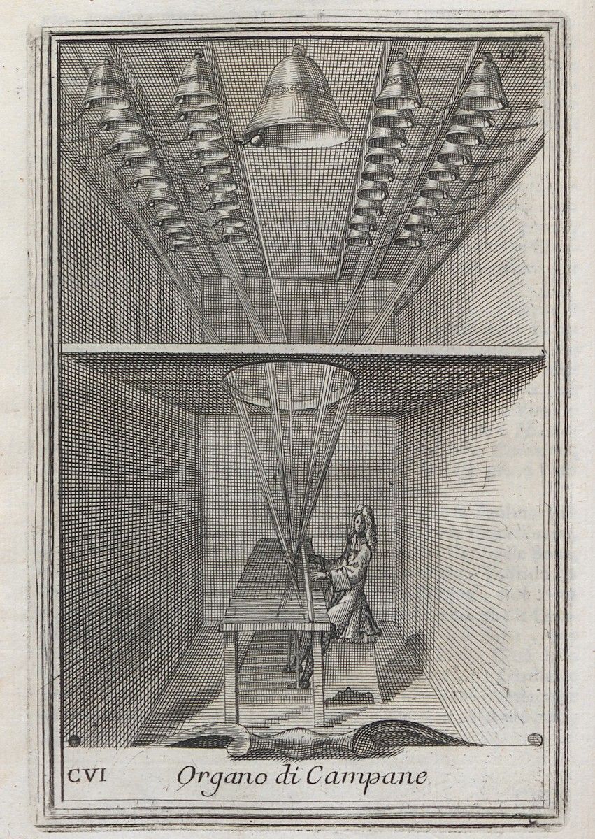 A detailed black and white engraving of a 'Bell Organ' with a person operating it.