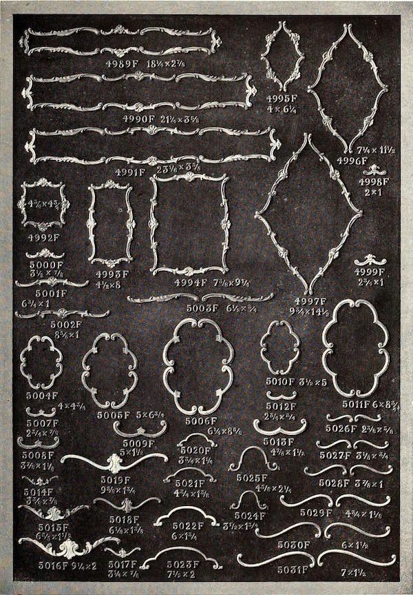 A vintage catalog page featuring a variety of ornate ornaments and decorative designs in white against a black background, each labeled with a number and dimensions.