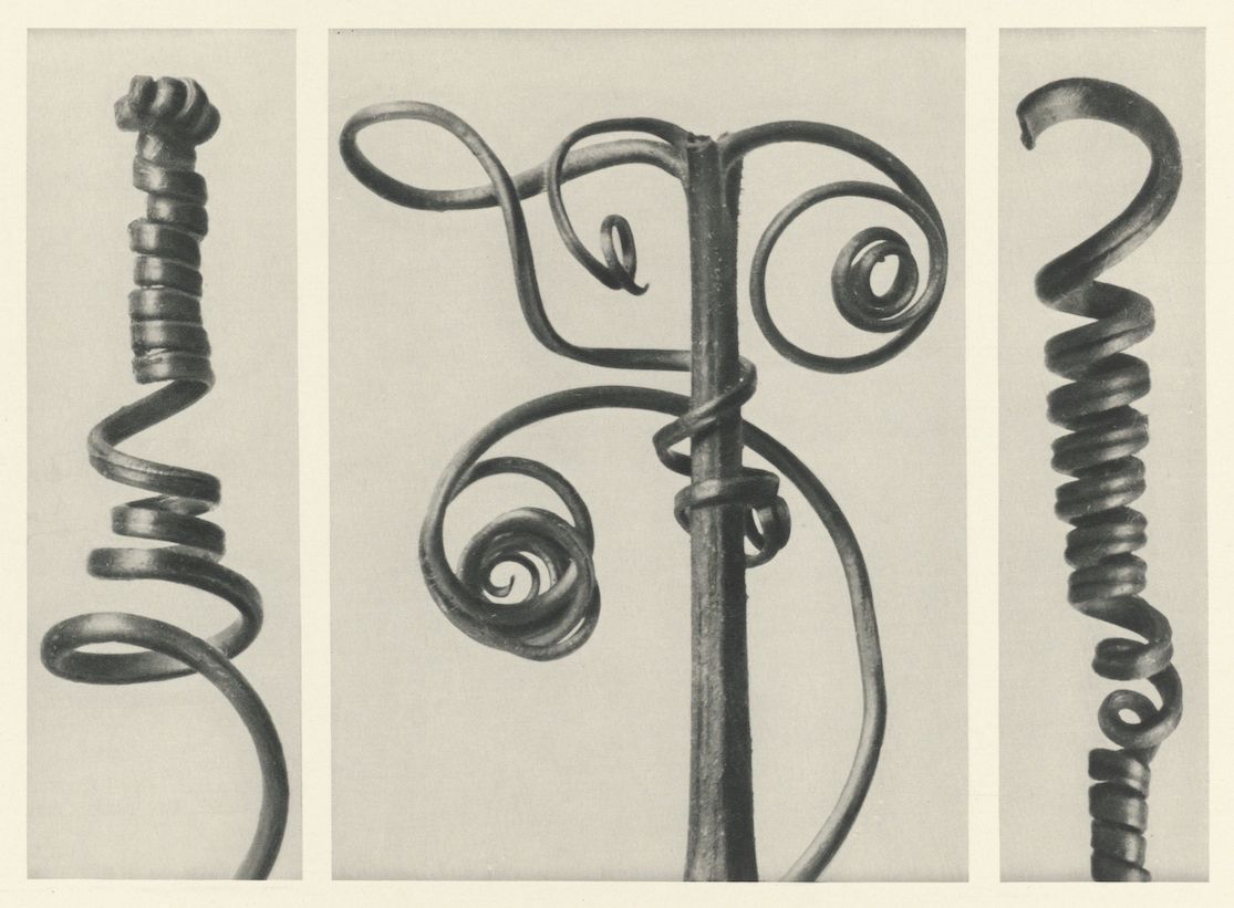 A triptych of intricate wrought iron designs, showcasing different ornate metalwork elements.