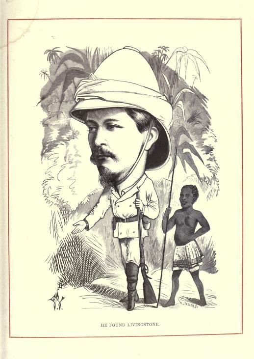 Vintage black and white illustration of a man in safari attire with a rifle, standing with a young African boy in a tropical landscape. The caption reads "He Found Livingstone."