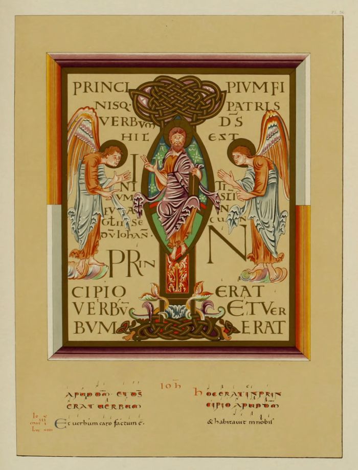 A detailed illustration of a medieval illuminated manuscript page depicting the crucifixion of Jesus Christ, flanked by two angels, with intricate patterns and decorative elements.