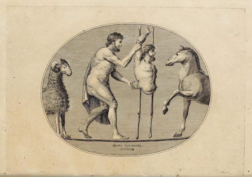 Vintage engraving of a man, sheep, and horse in a dynamic scene.