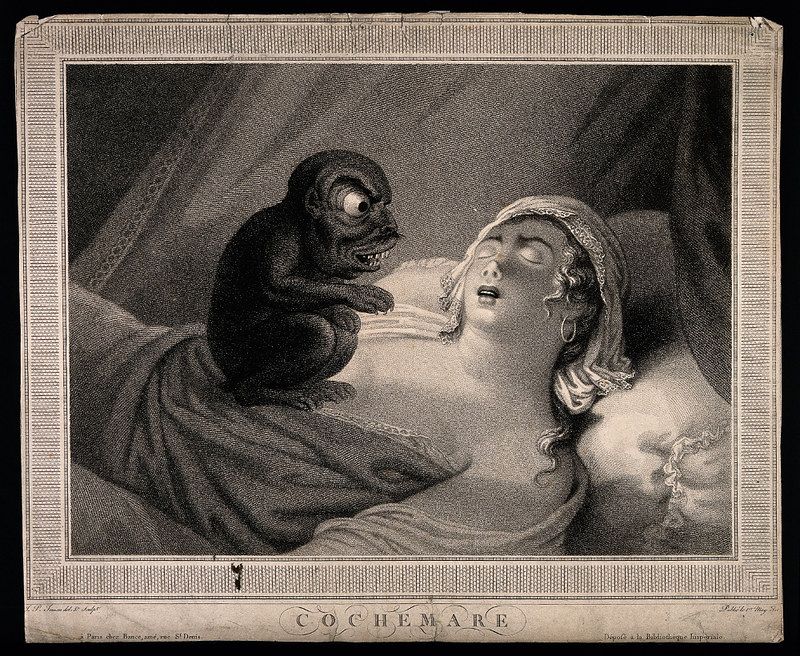 A vintage lithograph depicting a woman in bed being tormented by a demonic creature in a nightmarish scene.