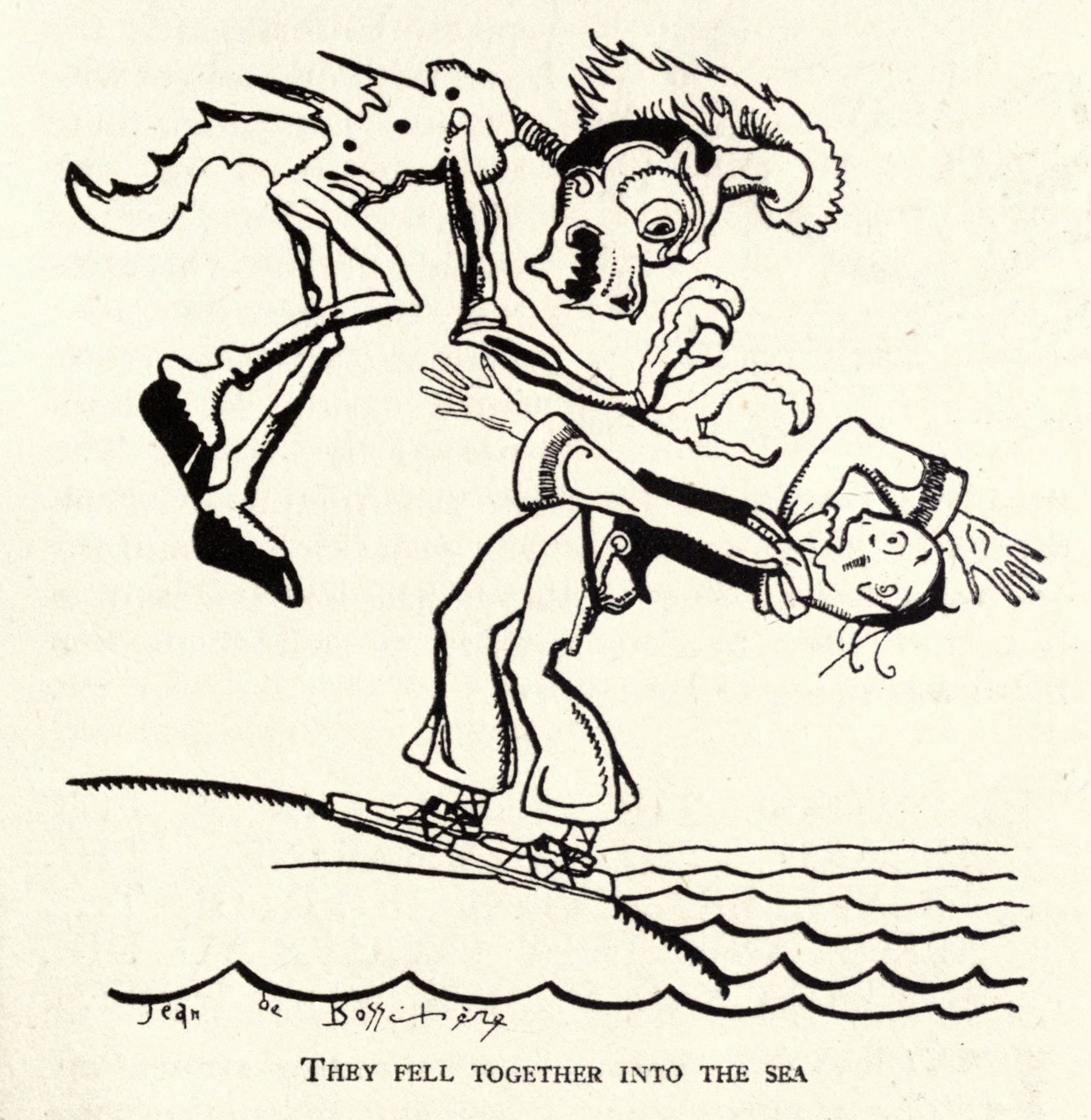 A black and white illustration of a monster and a sailor falling into the sea.