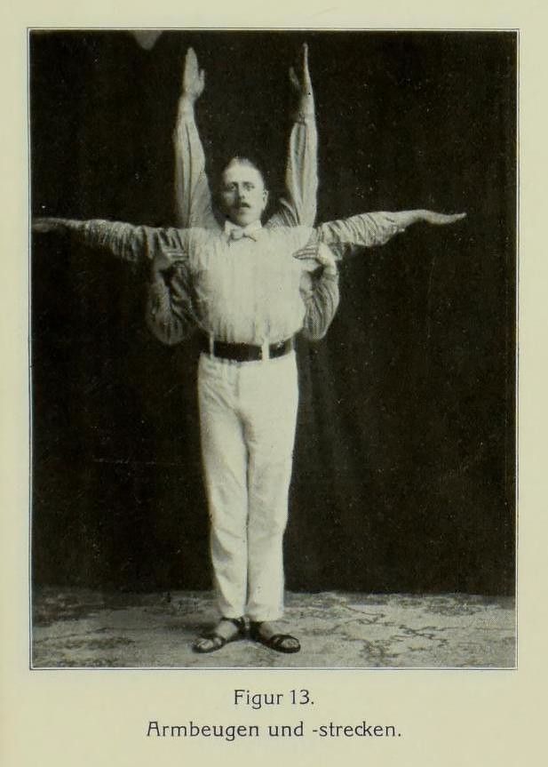 Vintage black and white photograph of a man performing an arm exercise.
