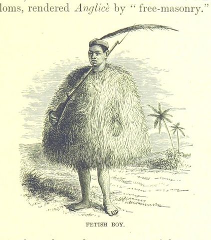 Vintage illustration of a "Fetish Boy" standing on a beach, covered in a shaggy garment and holding a long object.