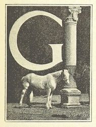 Vintage illustration of a letter 'G' with a horse resting its head on a classical column.