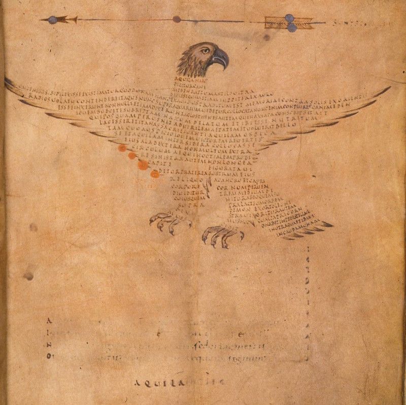 A scan of a page from a medieval manuscript featuring an illustration of an eagle surrounded by dense Latin text.