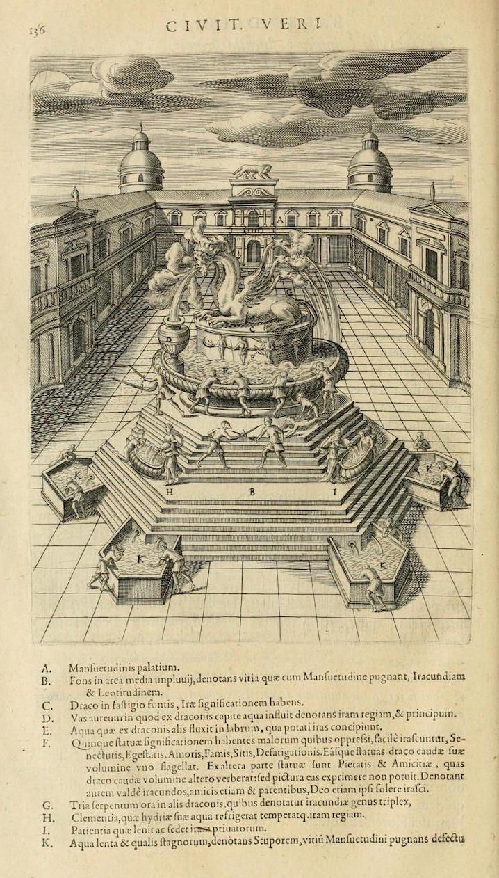 Detailed engraving of a grand fountain and surrounding buildings, with labels A-K identifying different elements.