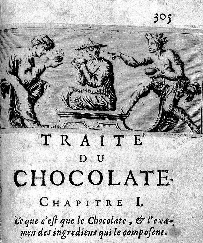 Vintage title page for a book on chocolate, featuring an illustration of three monkeys flanking a table and French text.