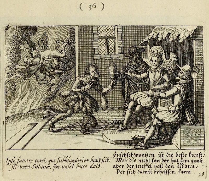 A black and white engraving depicting a man making a deal with the devil in a decorated room.