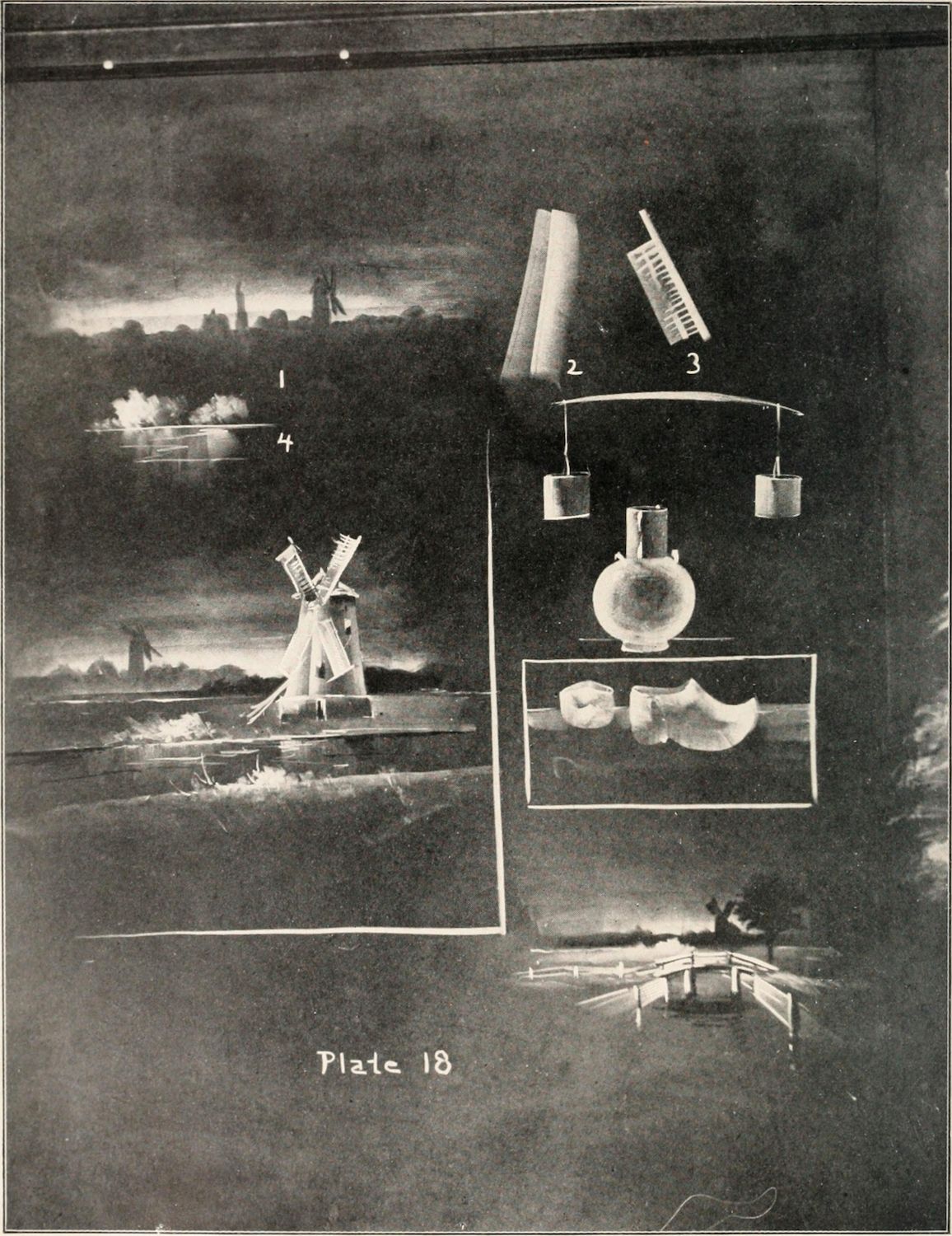Vintage black and white image of a landscape with a windmill combined with diagrams of scientific apparatus, labeled with numbers 1-4 and titled 'Plate 18'.