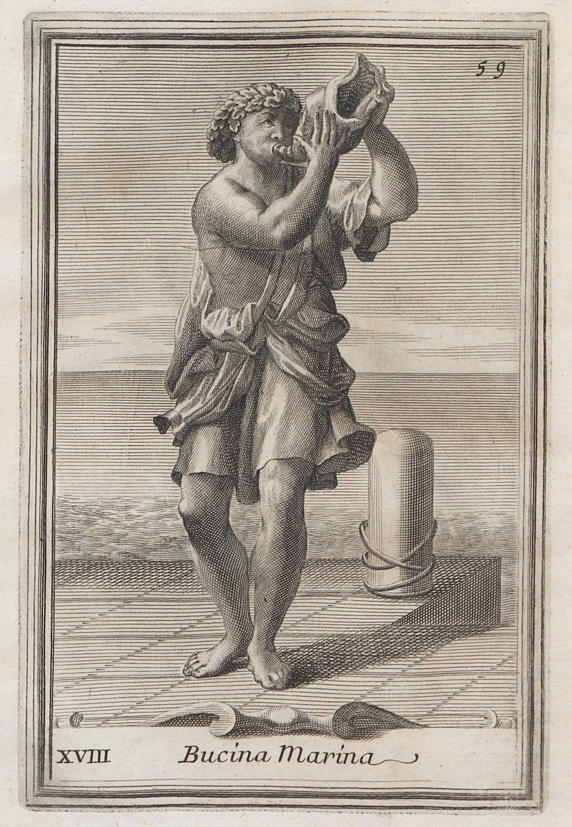 Engraving of a man listening to a shell.