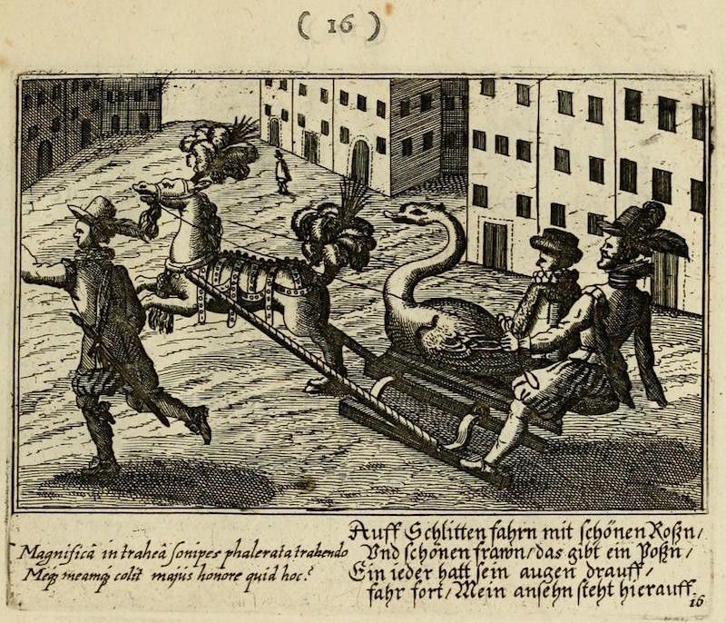 A black and white engraving depicting a fantastical scene in a town square. A man is pulling a carriage with a dragon, while two men ride in it.