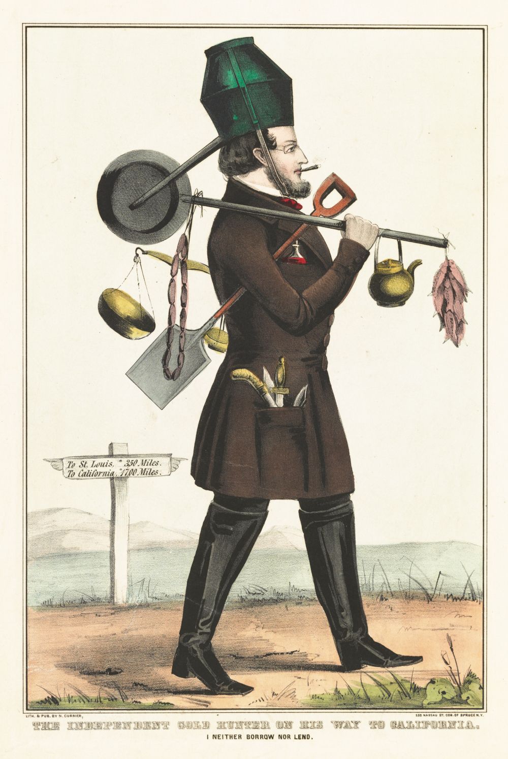 A vintage lithograph of a man on his way to California during the Gold Rush.