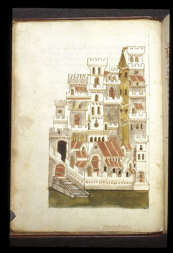 A page from a medieval manuscript featuring a detailed illustration of a castle with towers, walls, and a bridge leading to it.