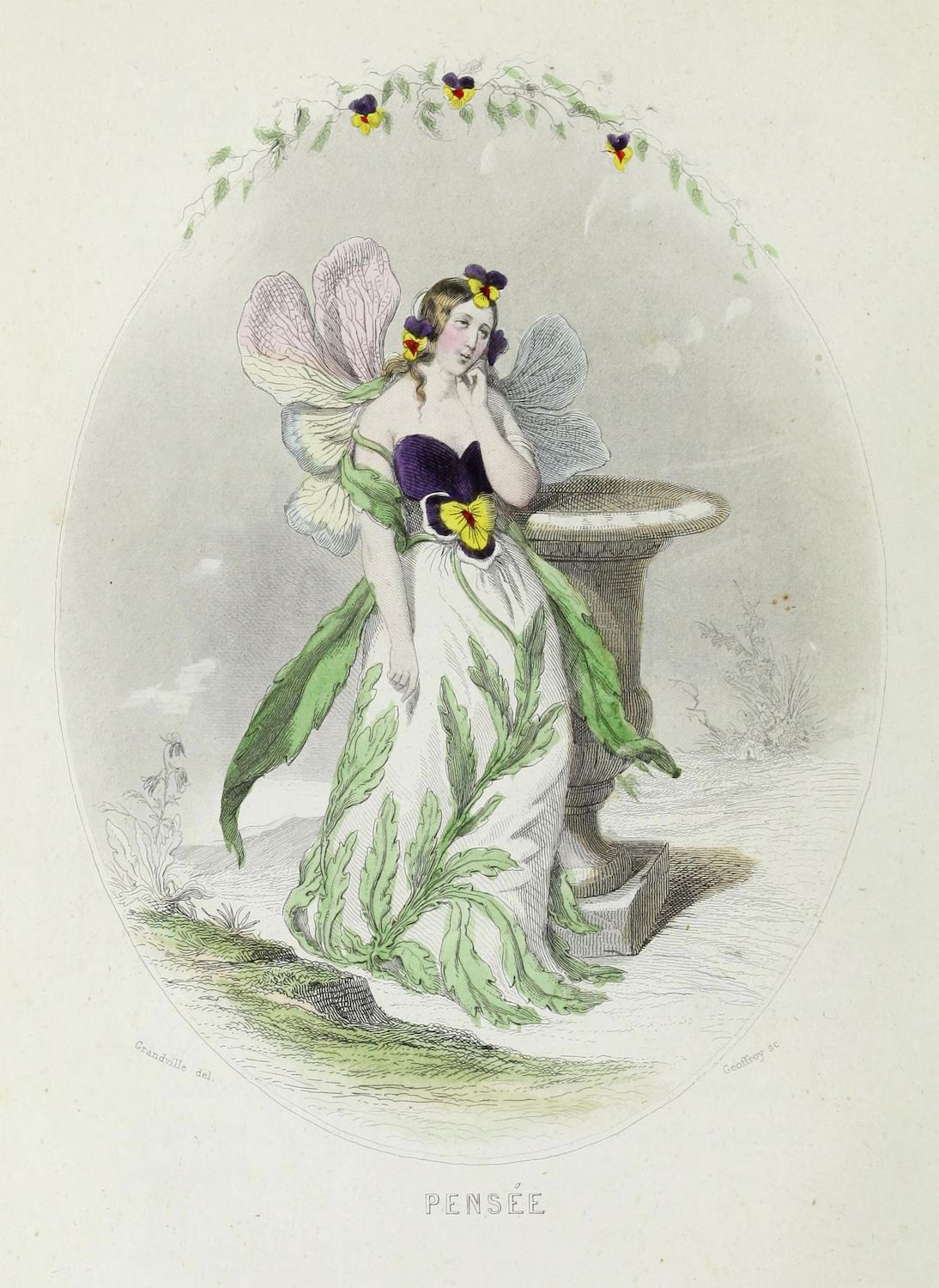 Vintage lithograph of a fairy-like figure emerging from a plant pot, surrounded by foliage and pansies.