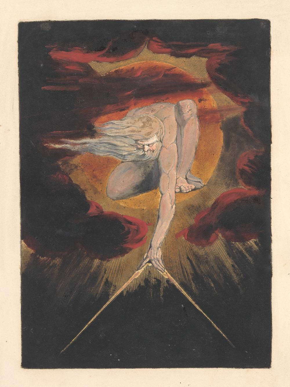 A dramatic and symbolic artwork featuring a pale, nude figure amidst swirling clouds and fiery hues, with two golden dividers converging below.