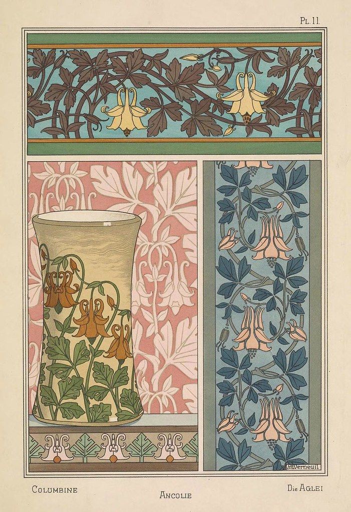 A vintage plate showcasing three different floral patterns in an Art Nouveau style.
