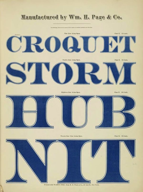 A vintage advertisement for croquet sets manufactured by Wm. H. Page & Co. It features bold, dark blue lettering with the words 'CROQUET,' 'STORM,' 'HUB,' and 'NUT' listed with details about arena size and price.