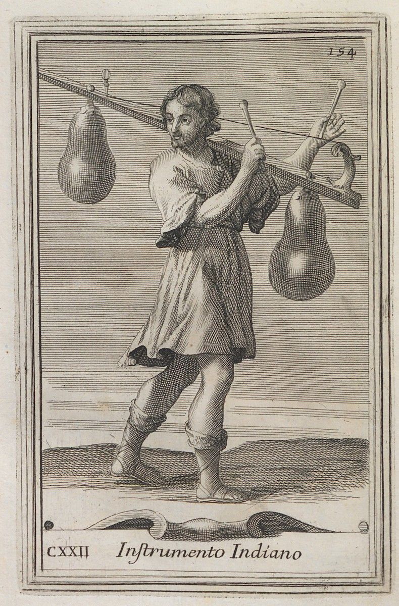 Engraving of a man carrying a balance scale with fruit hanging from each end.