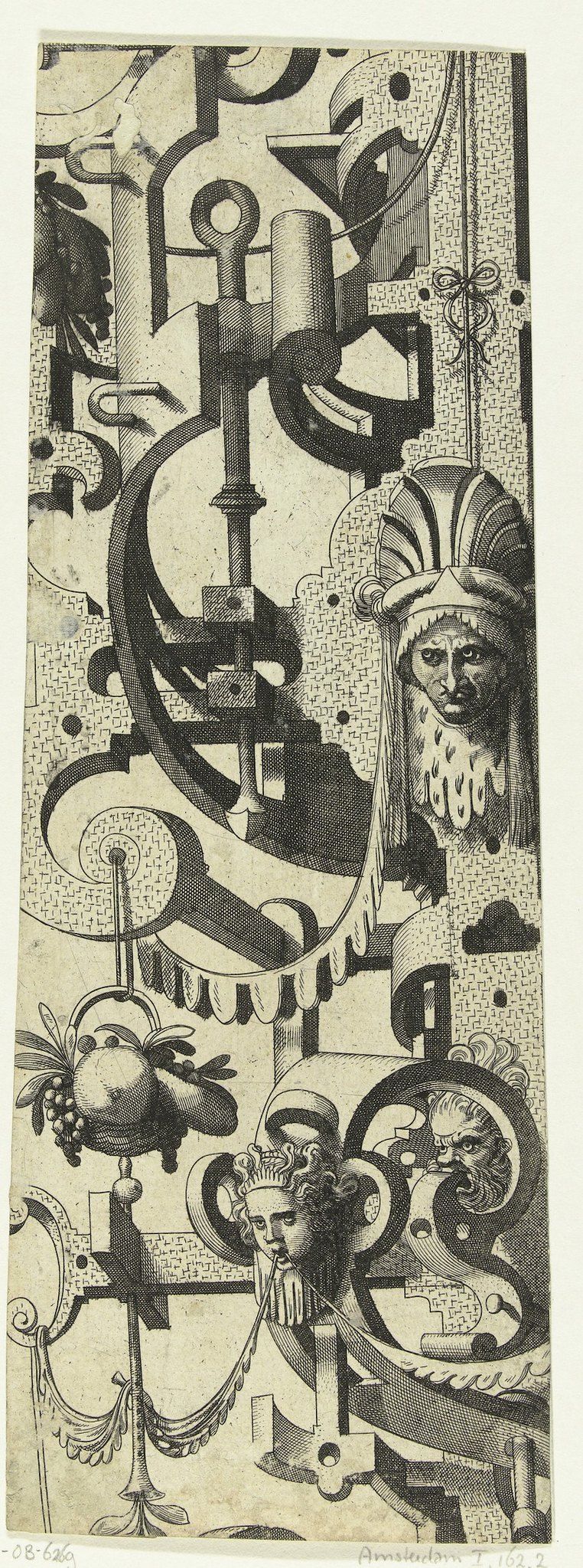 A black and white engraving featuring an ornate letter 'F' constructed from architectural forms and filled with decorative elements and figures.