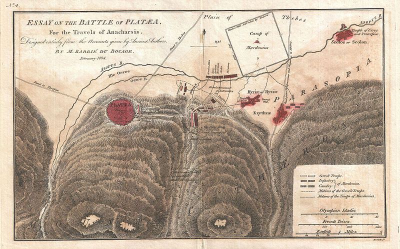 A vintage map titled "ESSAY ON THE BATTLE OF PLATÆA" depicting the battlefield of Platæa with detailed terrain features, cities, rivers, and camps.