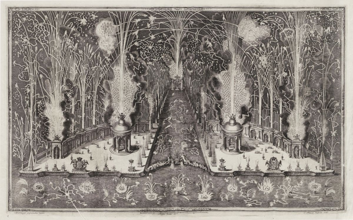 A black and white engraving depicting a grand fireworks display over a cityscape. The scene is densely packed with detail, characteristic of the engraving style.