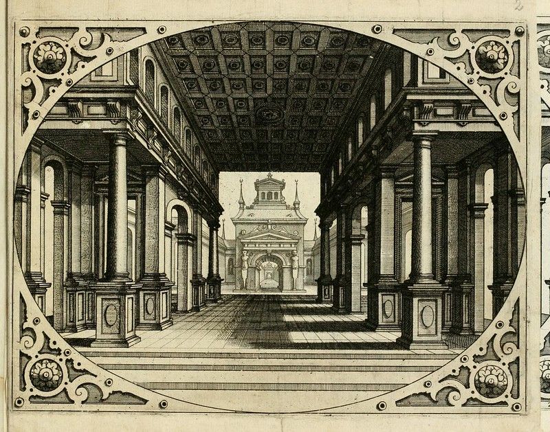A detailed black and white engraving depicting an elaborate interior architectural space with columns, a coffered ceiling, and a small building at the far end, all framed by an ornate decorative border.