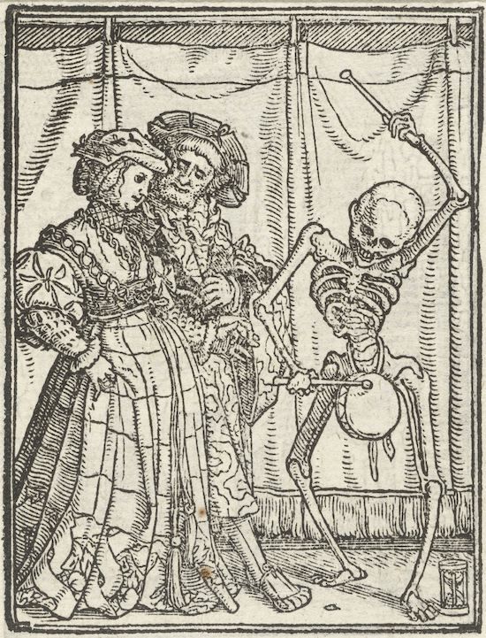 A black and white woodcut image depicting a skeleton dancing with a man and a woman.