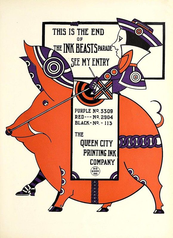 Vintage illustration of a red pig with a purple and white rider holding a banner that reads 'THIS IS THE END OF THE INK BEASTS PARADE SEE MY ENTRY'. The pig's side lists ink colors and numbers, and the image promotes 'THE QUEEN CITY PRINTING INK COMPANY'.