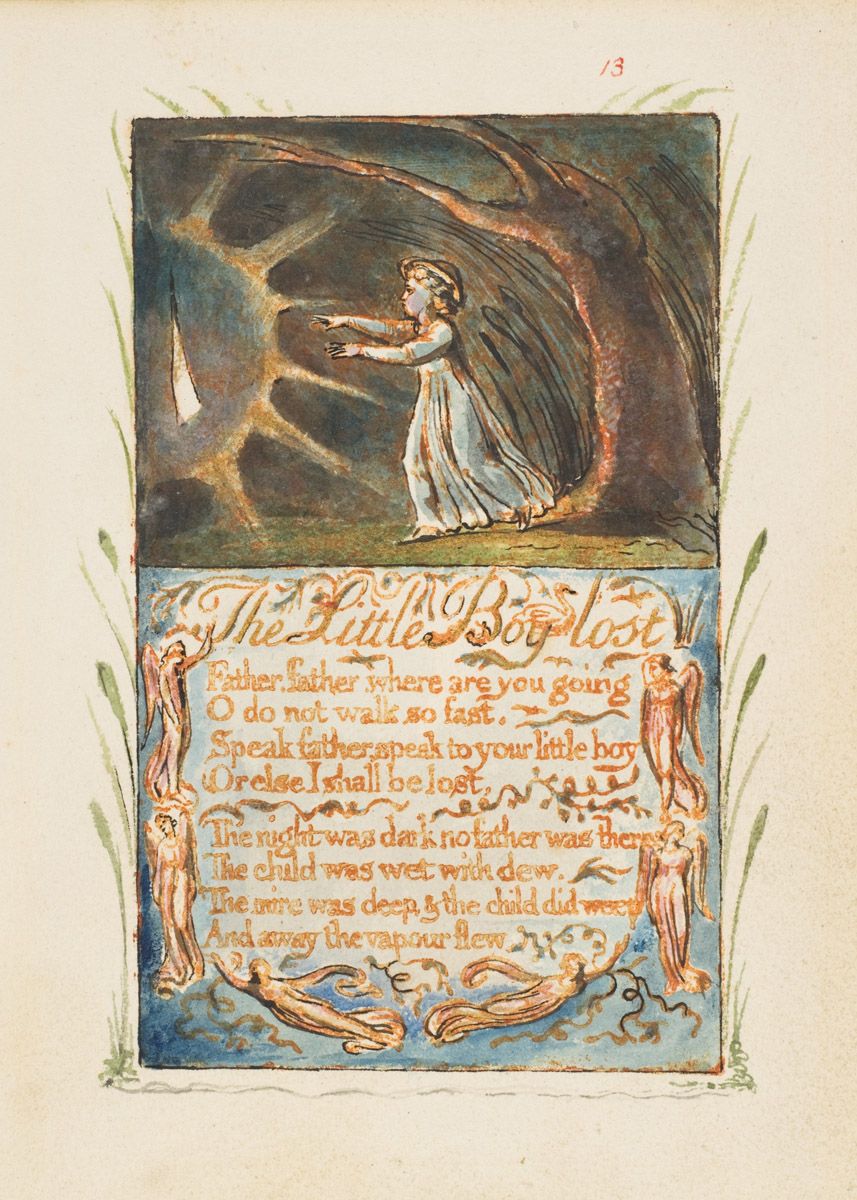 Watercolor and ink illustration from William Blake's 'Songs of Innocence and of Experience', depicting a small child in a dark, swirling landscape with text below.