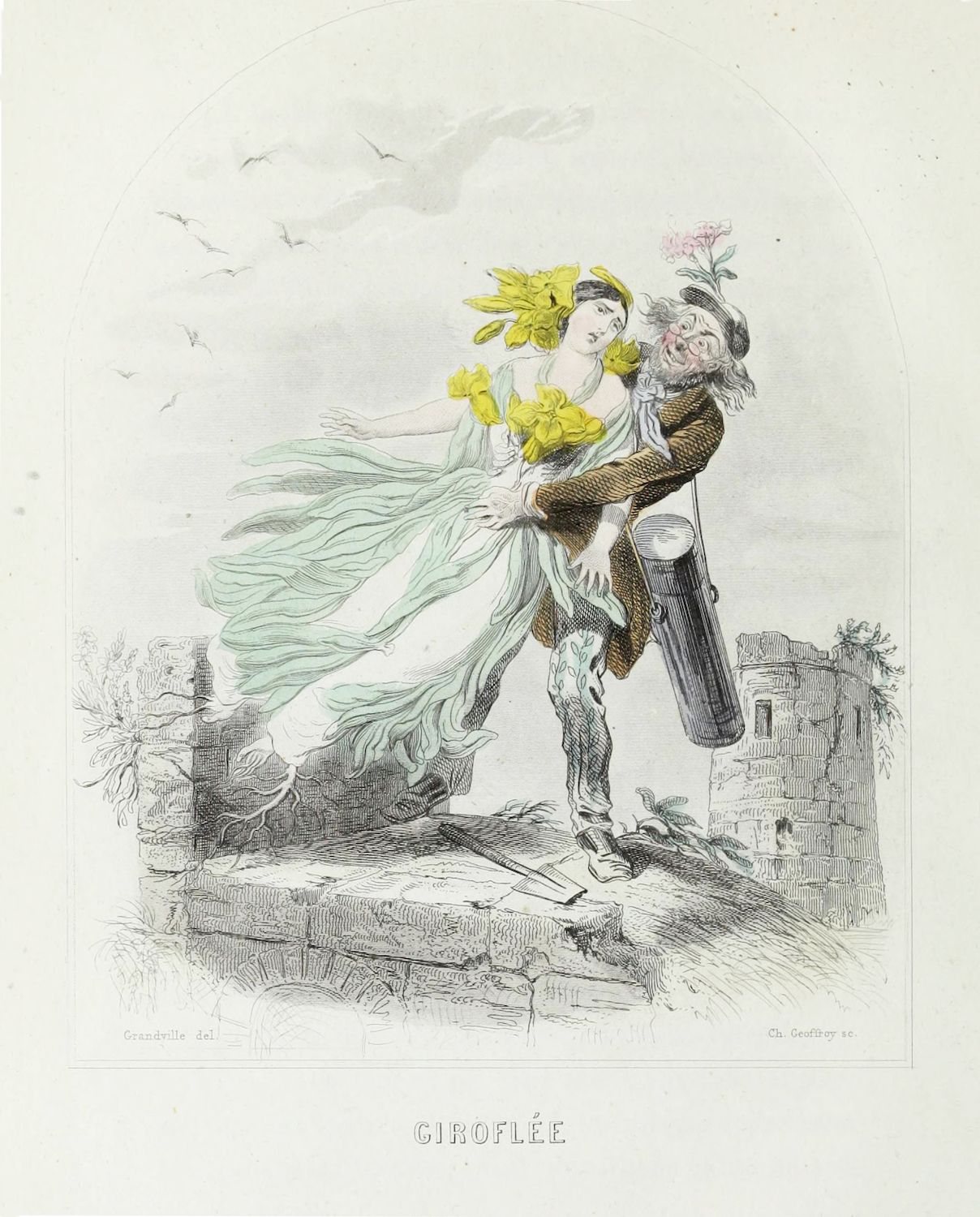 A black and white engraving depicting a woman being lifted into the air by a man dressed as a bird.
