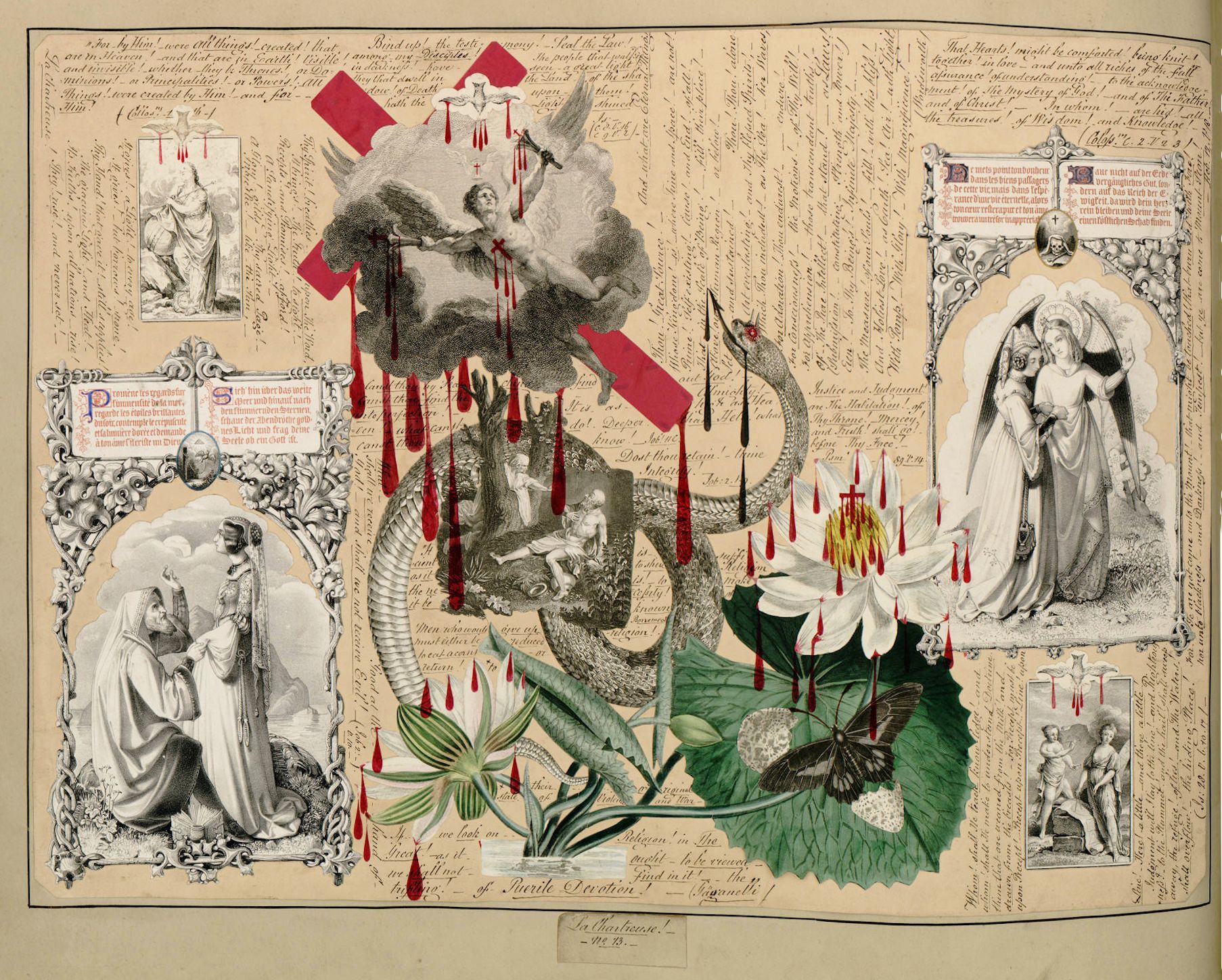 A detailed vintage engraving or illustration featuring a snake coiled around a water lily, with an angel hovering above and a red cross in the background. The image is surrounded by dense text and ornate frames.