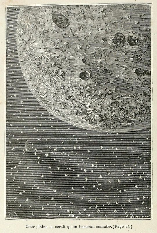 Vintage illustration of the moon's surface with craters and stars, and a small spacecraft in the lower left corner. Text below reads 'Cette plaine ne serait qu'un immense ossuaire.' (Page 95.)