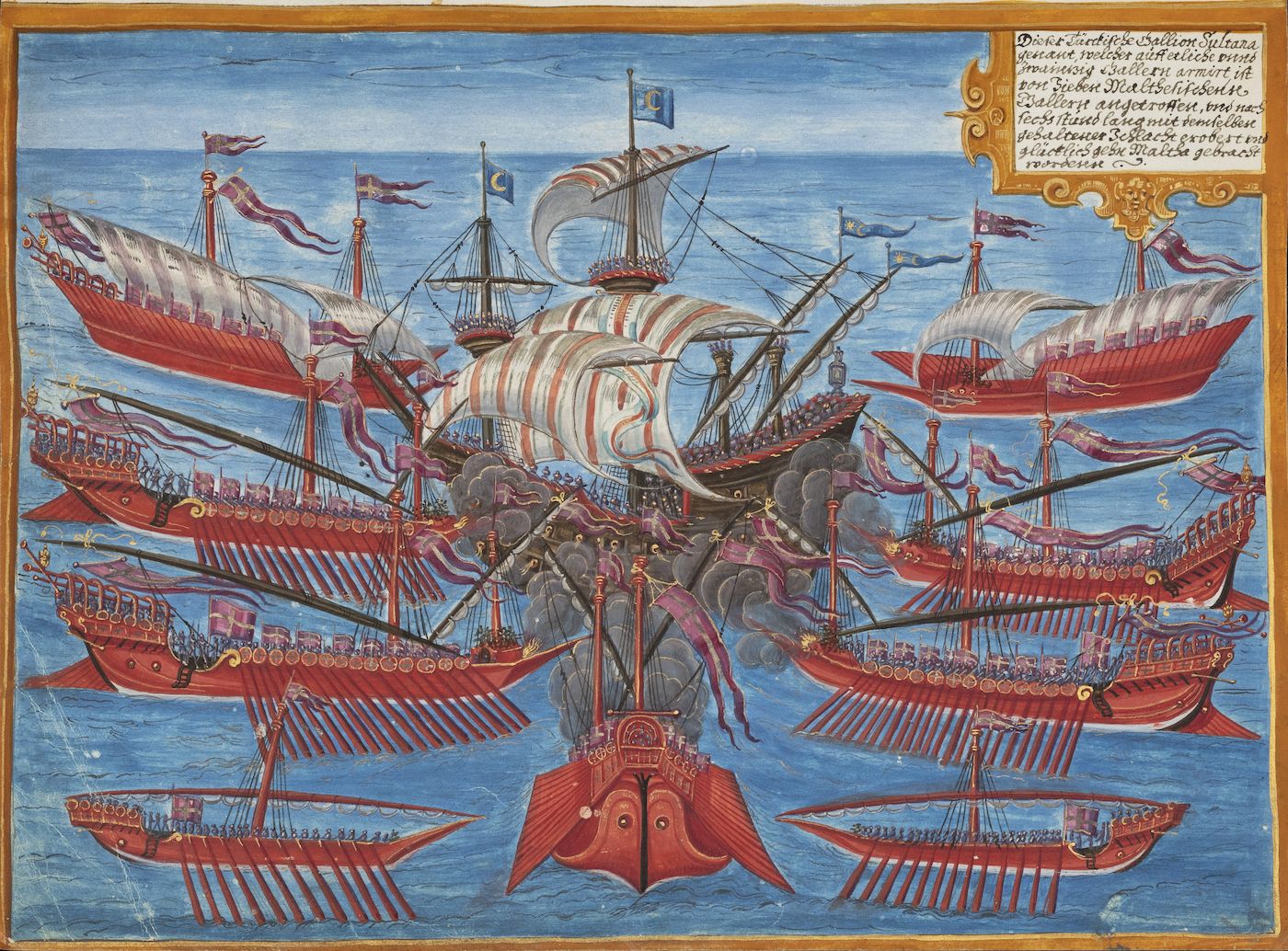 A detailed illustration of a naval battle with numerous ships engaged in fierce combat. The ships are predominantly galleys, painted in vibrant colors, with soldiers and cannons visible on the decks. Flags of various designs are flown from the masts, and the sea is rendered in shades of blue and green. A block of text in an old script is present in the upper right corner.