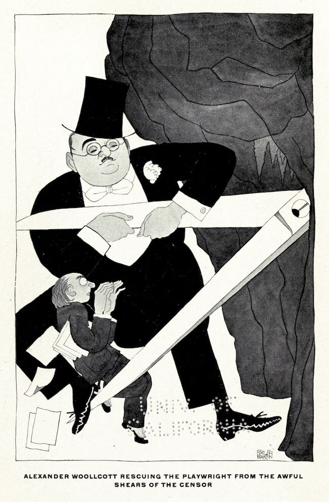 A black and white cartoon illustration titled 'Alexander Woollcott Rescuing the Playwright from the Awful Shears of the Censor.' A large man in a top hat is holding back a pair of enormous shears from a kneeling playwright.