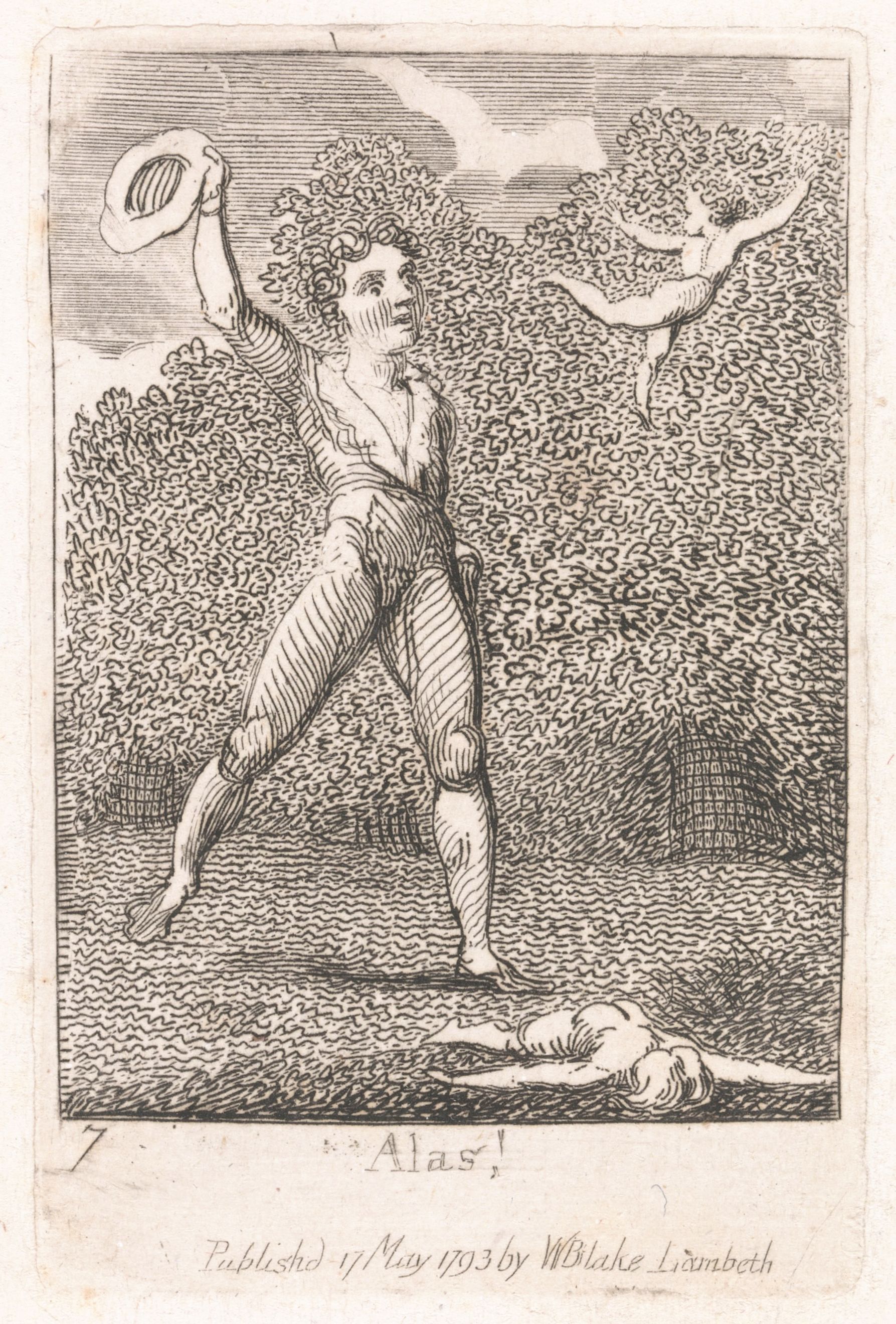 A black and white engraving titled 'Alas!' by William Blake, depicting a nude man struggling in turbulent water, clutching a hat, with another figure partially submerged in the water below.
